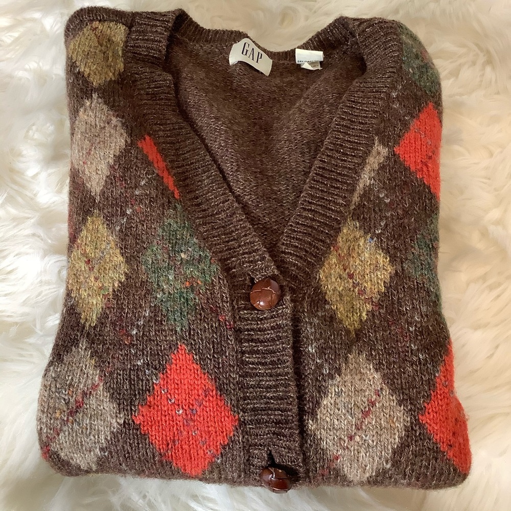 Vintage Gap Sweater Cardigan Diamond 100% Wool Preppy Grandpa Argyle Women's L - Picture 5 of 10